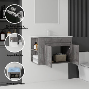 English Elm 30 Inch Wall Mounted Floating Vanity Plywood Cabinet with Ceramic Integrated Sink Basin Grey B2775S00062