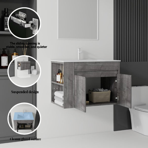English Elm 30 Inch Wall Mounted Floating Vanity Plywood Cabinet with Ceramic Integrated Sink Basin Grey B2775S00062