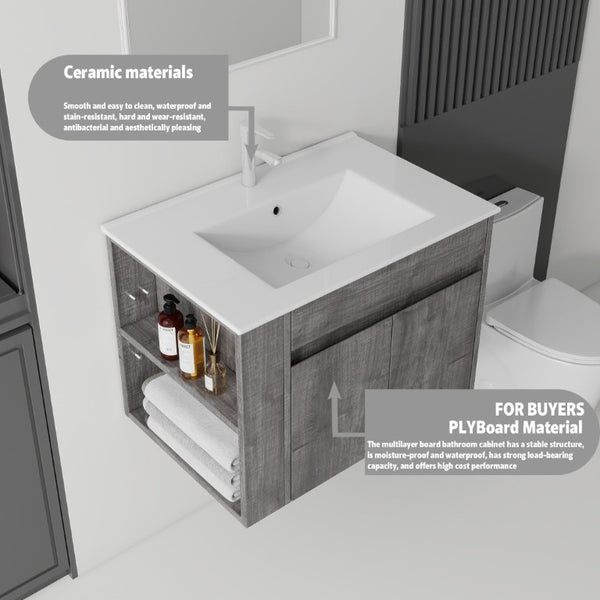 English Elm 30 Inch Wall Mounted Floating Vanity Plywood Cabinet with Ceramic Integrated Sink Basin Grey B2775S00062