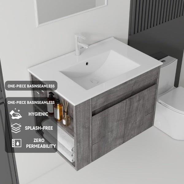 English Elm 30 Inch Wall Mounted Floating Vanity Plywood Cabinet with Ceramic Integrated Sink Basin Grey B2775S00062