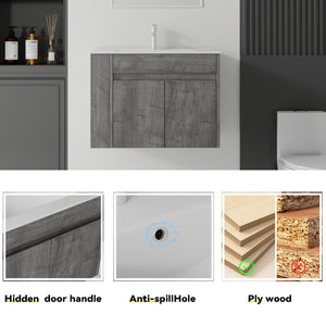 English Elm 30 Inch Wall Mounted Floating Vanity Plywood Cabinet with Ceramic Integrated Sink Basin Grey B2775S00062