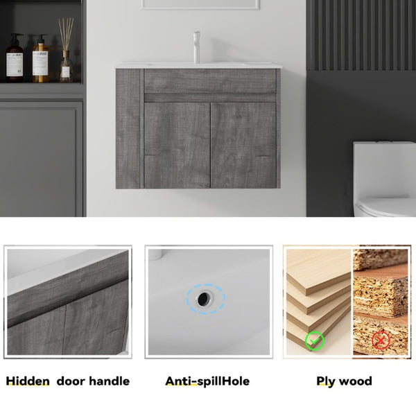 English Elm 30 Inch Wall Mounted Floating Vanity Plywood Cabinet with Ceramic Integrated Sink Basin Grey B2775S00062