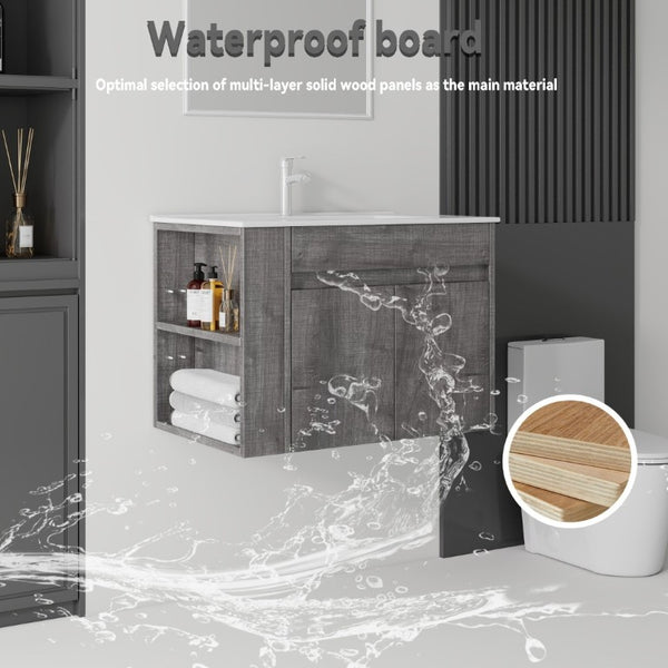 English Elm 30 Inch Wall Mounted Floating Vanity Plywood Cabinet with Ceramic Integrated Sink Basin Grey B2775S00062