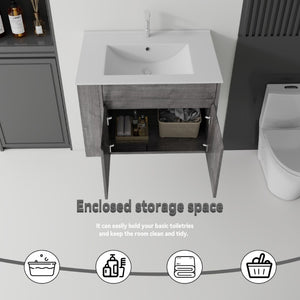 English Elm 30 Inch Wall Mounted Floating Vanity Plywood Cabinet with Ceramic Integrated Sink Basin Grey B2775S00062