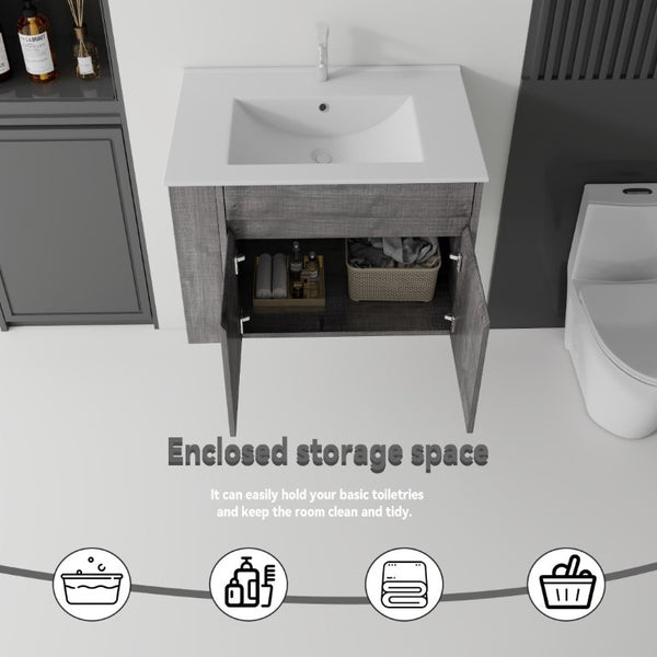 English Elm 30 Inch Wall Mounted Floating Vanity Plywood Cabinet with Ceramic Integrated Sink Basin Grey B2775S00062