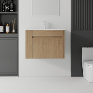 English Elm 30 Inch Wall Mounted Floating Vanity Plywood Cabinet with Ceramic Integrated Sink Basin Oak B2775S00063