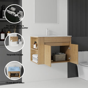 English Elm 30 Inch Wall Mounted Floating Vanity Plywood Cabinet with Ceramic Integrated Sink Basin Oak B2775S00063