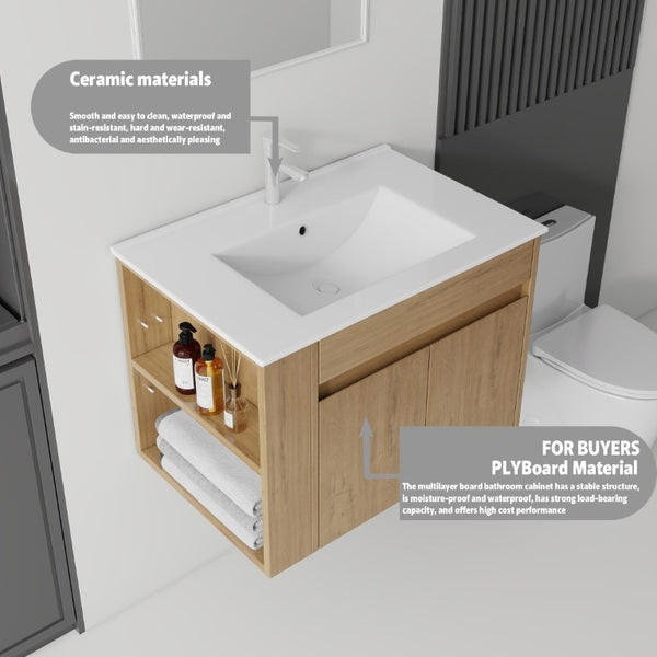 English Elm 30 Inch Wall Mounted Floating Vanity Plywood Cabinet with Ceramic Integrated Sink Basin Oak B2775S00063