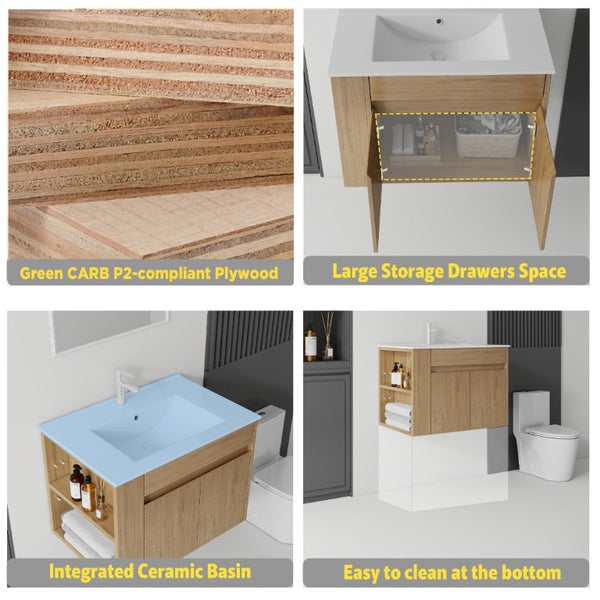 English Elm 30 Inch Wall Mounted Floating Vanity Plywood Cabinet with Ceramic Integrated Sink Basin Oak B2775S00063