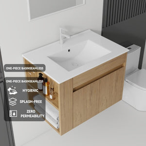 English Elm 30 Inch Wall Mounted Floating Vanity Plywood Cabinet with Ceramic Integrated Sink Basin Oak B2775S00063