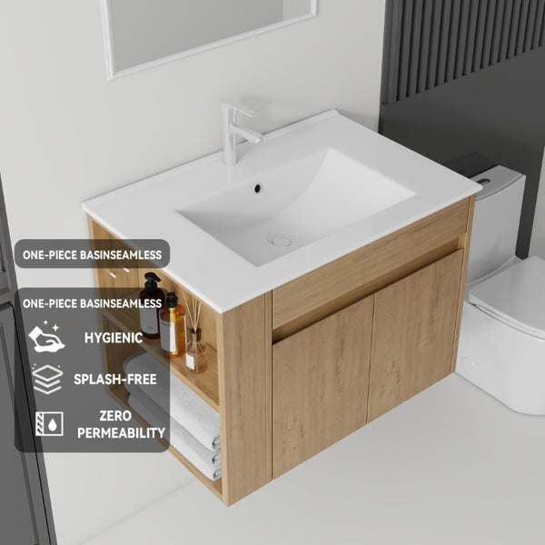 English Elm 30 Inch Wall Mounted Floating Vanity Plywood Cabinet with Ceramic Integrated Sink Basin Oak B2775S00063