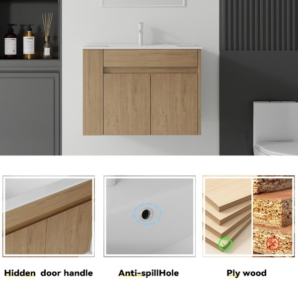 English Elm 30 Inch Wall Mounted Floating Vanity Plywood Cabinet with Ceramic Integrated Sink Basin Oak B2775S00063