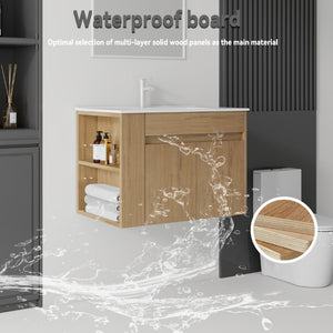 English Elm 30 Inch Wall Mounted Floating Vanity Plywood Cabinet with Ceramic Integrated Sink Basin Oak B2775S00063
