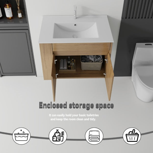 English Elm 30 Inch Wall Mounted Floating Vanity Plywood Cabinet with Ceramic Integrated Sink Basin Oak B2775S00063