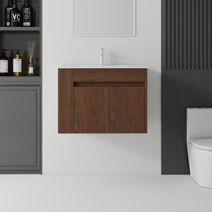 English Elm 30 Inch Wall Mounted Floating Vanity Plywood Cabinet with Ceramic Integrated Sink Basin Brown B2775S00064