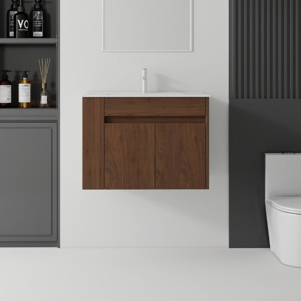 English Elm 30 Inch Wall Mounted Floating Vanity Plywood Cabinet with Ceramic Integrated Sink Basin Brown B2775S00064