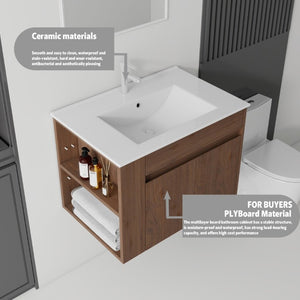 English Elm 30 Inch Wall Mounted Floating Vanity Plywood Cabinet with Ceramic Integrated Sink Basin Brown B2775S00064
