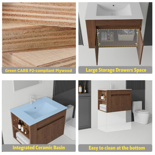 English Elm 30 Inch Wall Mounted Floating Vanity Plywood Cabinet with Ceramic Integrated Sink Basin Brown B2775S00064