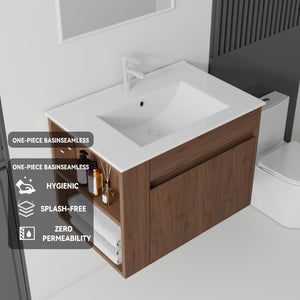 English Elm 30 Inch Wall Mounted Floating Vanity Plywood Cabinet with Ceramic Integrated Sink Basin Brown B2775S00064
