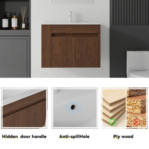 English Elm 30 Inch Wall Mounted Floating Vanity Plywood Cabinet with Ceramic Integrated Sink Basin Brown B2775S00064