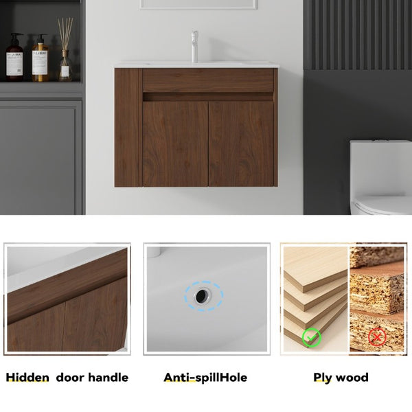English Elm 30 Inch Wall Mounted Floating Vanity Plywood Cabinet with Ceramic Integrated Sink Basin Brown B2775S00064