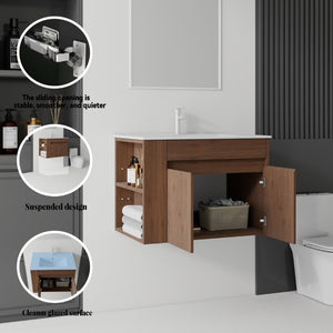 English Elm 30 Inch Wall Mounted Floating Vanity Plywood Cabinet with Ceramic Integrated Sink Basin Brown B2775S00064
