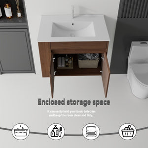 English Elm 30 Inch Wall Mounted Floating Vanity Plywood Cabinet with Ceramic Integrated Sink Basin Brown B2775S00064
