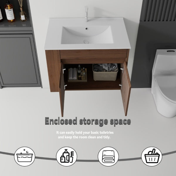 English Elm 30 Inch Wall Mounted Floating Vanity Plywood Cabinet with Ceramic Integrated Sink Basin Brown B2775S00064