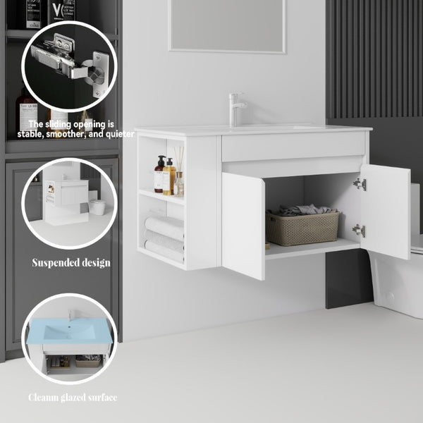English Elm 36 Inch Floating Bathroom Vanity Plywood Cabinet Integrated Ceramic Sink Soft Close White B2775S00065