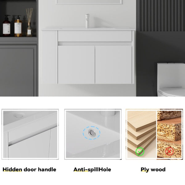 English Elm 36 Inch Floating Bathroom Vanity Plywood Cabinet Integrated Ceramic Sink Soft Close White B2775S00065