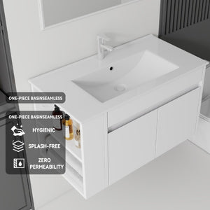 English Elm 36 Inch Floating Bathroom Vanity Plywood Cabinet Integrated Ceramic Sink Soft Close White B2775S00065