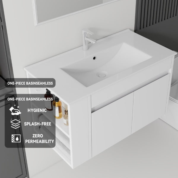 English Elm 36 Inch Floating Bathroom Vanity Plywood Cabinet Integrated Ceramic Sink Soft Close White B2775S00065