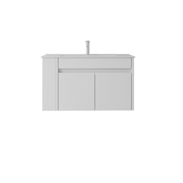 English Elm 36 Inch Floating Bathroom Vanity Plywood Cabinet Integrated Ceramic Sink Soft Close White B2775S00065
