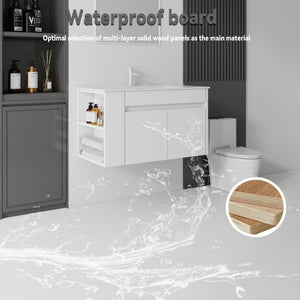 English Elm 36 Inch Floating Bathroom Vanity Plywood Cabinet Integrated Ceramic Sink Soft Close White B2775S00065
