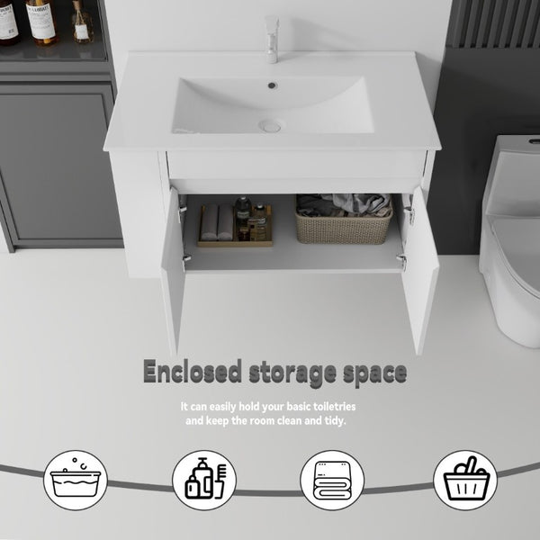 English Elm 36 Inch Floating Bathroom Vanity Plywood Cabinet Integrated Ceramic Sink Soft Close White B2775S00065
