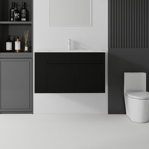 English Elm 36 Inch Floating Bathroom Vanity Plywood Cabinet Integrated Ceramic Sink Soft Close Black B2775S00066