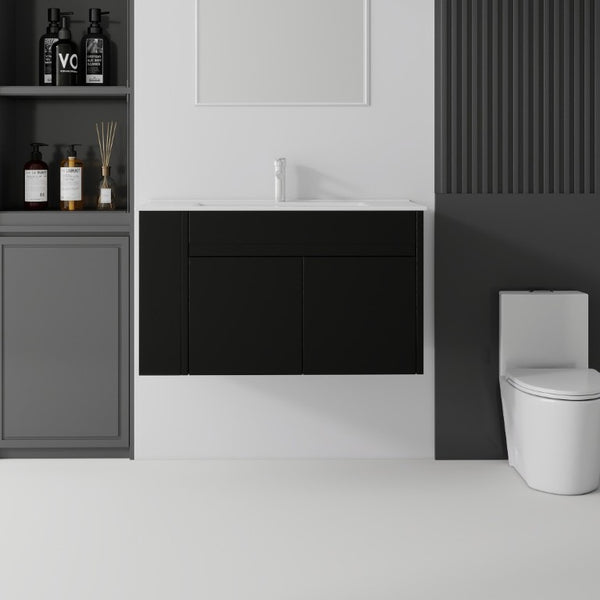 English Elm 36 Inch Floating Bathroom Vanity Plywood Cabinet Integrated Ceramic Sink Soft Close Black B2775S00066
