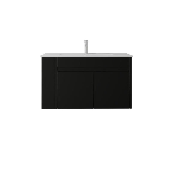 English Elm 36 Inch Floating Bathroom Vanity Plywood Cabinet Integrated Ceramic Sink Soft Close Black B2775S00066