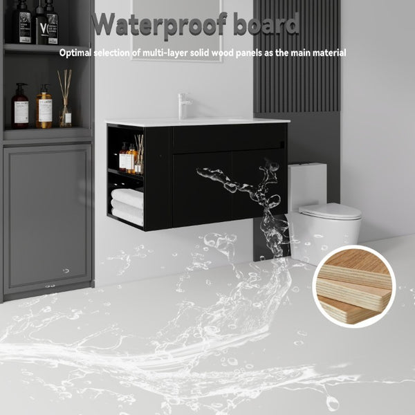 English Elm 36 Inch Floating Bathroom Vanity Plywood Cabinet Integrated Ceramic Sink Soft Close Black B2775S00066