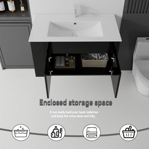 English Elm 36 Inch Floating Bathroom Vanity Plywood Cabinet Integrated Ceramic Sink Soft Close Black B2775S00066