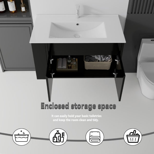 English Elm 36 Inch Floating Bathroom Vanity Plywood Cabinet Integrated Ceramic Sink Soft Close Black B2775S00066