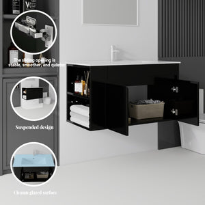 English Elm 36 Inch Floating Bathroom Vanity Plywood Cabinet Integrated Ceramic Sink Soft Close Black B2775S00066