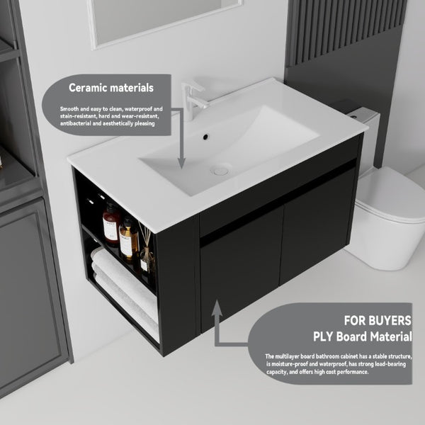 English Elm 36 Inch Floating Bathroom Vanity Plywood Cabinet Integrated Ceramic Sink Soft Close Black B2775S00066