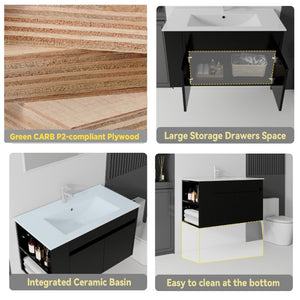 English Elm 36 Inch Floating Bathroom Vanity Plywood Cabinet Integrated Ceramic Sink Soft Close Black B2775S00066