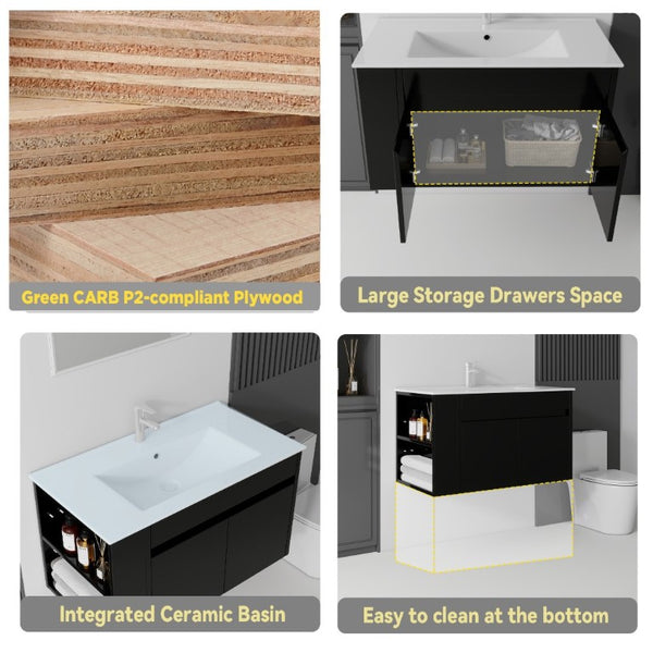 English Elm 36 Inch Floating Bathroom Vanity Plywood Cabinet Integrated Ceramic Sink Soft Close Black B2775S00066