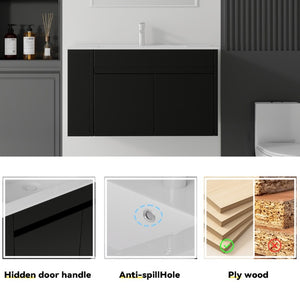 English Elm 36 Inch Floating Bathroom Vanity Plywood Cabinet Integrated Ceramic Sink Soft Close Black B2775S00066