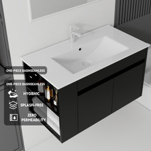 English Elm 36 Inch Floating Bathroom Vanity Plywood Cabinet Integrated Ceramic Sink Soft Close Black B2775S00066