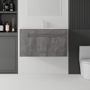 English Elm 36 Inch Floating Bathroom Vanity Plywood Cabinet Integrated Ceramic Sink Soft Close Grey B2775S00067