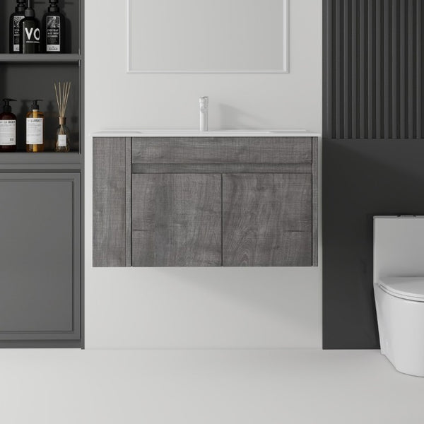 English Elm 36 Inch Floating Bathroom Vanity Plywood Cabinet Integrated Ceramic Sink Soft Close Grey B2775S00067