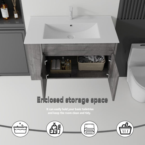 English Elm 36 Inch Floating Bathroom Vanity Plywood Cabinet Integrated Ceramic Sink Soft Close Grey B2775S00067